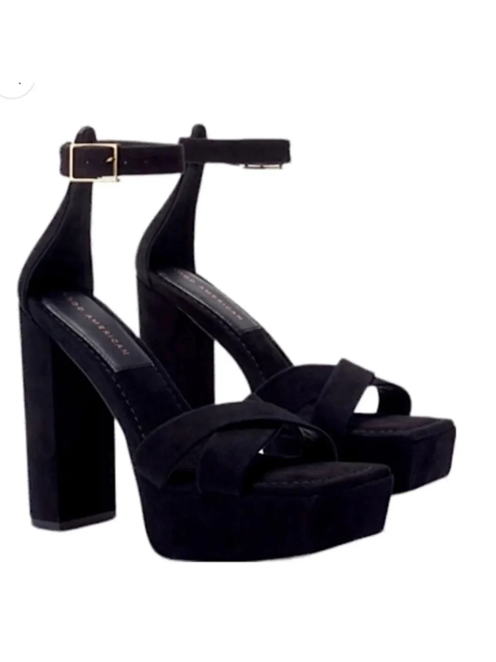 Good American Black Suede Ankle Strap Chunky Platform Sandal Heels Size 9